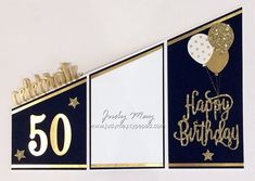 a birthday card with balloons and stars on the front is displayed in gold, black and white