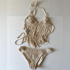 Indah Macrame Fringe Bikini Set. Size Medium. Fits A Small-Medium As Indah Runs A Bit Small But Also Has A Lot Of Stretch. Swimsuits Design, Crochet Bathing Suit Top, Macrame Swimsuit, Bra Art, Macrame Fringe, Crochet Bathing Suits, Jamaica Wedding, Macrame Dress, Swimsuit Design