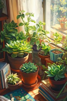 there are many potted plants on the windowsill