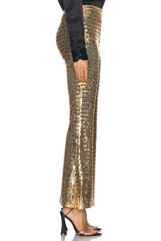 Self 1 & Lining: 100% polyester, Sequin: 100% polyethylene terephthalate.  Made in China.  Spot clean only.  Hidden side zipper closure.  High-waist fit.  Sequin embellished fabric.  .  .  .  .  .  .  .  .  .  . Glamorous High Waist Embellished Pants, Luxury Fitted Sequin Bottoms, Glamorous High-waist Embellished Pants, Chic Fitted Embellished Bottoms, Glamorous Embellished Fitted Pants, Glamorous Embellished Full Length Bottoms, Glamorous Fitted Embellished Pants, Chic Embellished Fitted Pants, Chic High Waist Embellished Pants