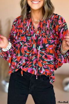 Olivia Mark - Bold Red Dahlia Abstract Floral Blouse with Elegant Shirred Detail and Chic Puff Sleeves Vibrant Red Tops For Fall, Vibrant Red V-neck Top, Vibrant Red Top For Fall, Vibrant Red Long Sleeve Tops, Vibrant Red Floral Print Blouse, Red Dahlia, Shirred Blouse, Lisa Fischer, Comfortable Blouses