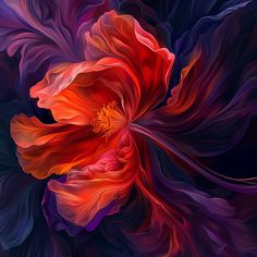 an orange and purple flower is in the middle of a dark blue background with red petals