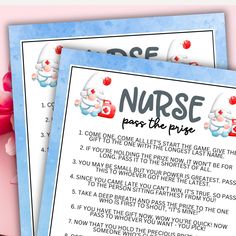 two nurses prayer cards with the words nurse pass the prize on them next to pink flowers