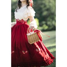 A classic dress embroidered with sweet red strawberries. The bright red strawberries drawn along with the geometrically arranged embroidery look like a framed painting. The back is decorated with lace-up, the waist part is decorated with ribbons, and the skirt part is decorated with ruffles. You will be fascinated by the graceful silhouette that gently spreads out. 
 
 
 ＜Reservation deadline＞ 
 
 December 12th (Tuesday) 13:00 
 
 
 ＜Item＞ 
 
 Skirt (long length) 
 Skirt (middle length) 
 Corset Vintage Red Ruffled Skirt, Vintage Red Skirt With Ruffles, Red Long Dress With Ruffled Skirt, Red Dresses With Ruffled Long Skirt, Red Dress With Ruffles And Long Skirt, Fitted Red Skirt With Floral Embroidery, Blouse Corset, Corset Blouse, White Short Sleeve Blouse