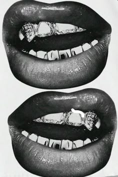 black and white photograph of two mouths with fake teeth on top of each other,