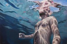 a painting of a man standing under water