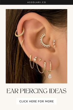 a woman's ear with three different types of piercings