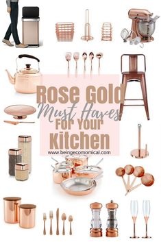 rose gold must haves for your kitchen, including pots, pans and utensils