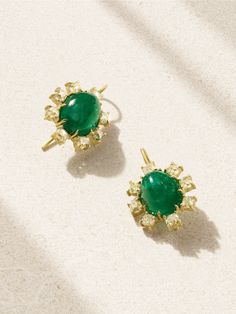 Sylva & Cie founder Sylva Yepremian believes that every stone has its own story, which she has the privilege to tell through her handmade designs. These earrings are cast from 18-karat gold and set with 12.54-carats of vibrant emeralds illuminated by a halo of cushion-cut diamonds. Wear them on special occasions. Luxury Yellow Gold Cluster Earrings With Gemstones, Exquisite Emerald Gemstone Earrings, Heirloom Gemstone Earrings For Wedding, Elegant Green Earrings With Rose Cut Diamonds, Yellow Gold Gemstone Cluster Earrings, Elegant Yellow Gold Gemstone Cluster Earrings, Emerald And Diamond Earrings, Sapphire And Diamond Earrings, Printed Jewelry