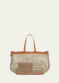 "Find STELLA MCCARTNEY Large Eco Knotted Mesh Tote Bag on Editorialist. Stella McCartney tote bag in knotted mesh flax and vegan leather Shoulder straps Open top Interior, detachable Approx. 14.2\"H x 16.9\"W x 7.7\"D Item Weight (Lbs.): 2.0 Spot clean Made in Italy" Mesh Tote Bag, Clean Origin, Leather Care, Open Top, 16 9, Stella Mccartney, Shoulder Straps, Vegan Leather, Tops Designs