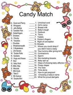 a printable candy match with teddy bears and baby carriages on the top right hand corner