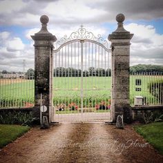 an iron gate is open on a dirt path leading to a lush green field behind it