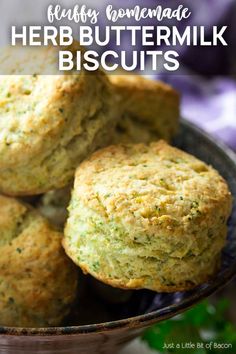 broccoli and herb buttermilk biscuits in a bowl with text overlay