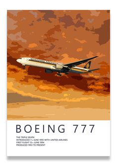 an airplane is flying in the sky with orange and red clouds behind it, as well as text that reads boeing 777