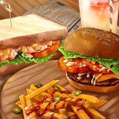 two hamburgers and french fries on a wooden table with a drink in the background