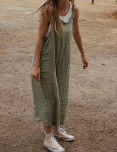 Green Linen Jumpsuit Outfit, Green Linen Overalls Outfit, Cute Gardening Outfits Casual, Granola Jumpsuit, Linen Shortalls Outfit, Linen Dungarees Outfit, Flowy Overalls Outfit, Linen Overalls Outfit Summer, Tan Jumpsuit Outfit