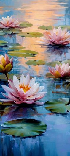 two pink water lilies floating on top of a lake