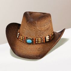 Ques Crown Circumference : 23" Crown Height : 5" Brim Height : 3.25" Material : 100% Straw Turquoise Beaded Western Hat, Blue Beaded Hat For Rodeo, Turquoise Beaded Beach Hat, Summer Brown Beaded Hat, Southwestern Blue Hats For Beach, Beaded Hats For Western-themed Summer Events, Turquoise Country Hat For Beach, Country Style Turquoise Hat For The Beach, Turquoise Country Style Beach Hat