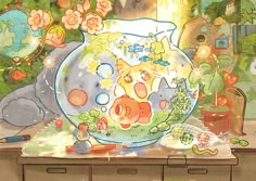 a painting of a fish in a bowl on a counter with other items around it