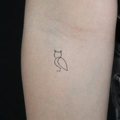 a small owl tattoo on the left inner arm and lower arm, it has a line drawing of an owl sitting on top of its head