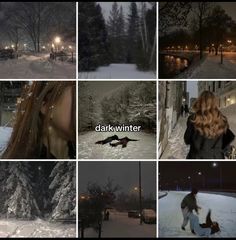 the collage shows people walking and playing in the snow at night, with trees on both sides