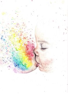 a watercolor painting of a child's face with the rainbow in its mouth