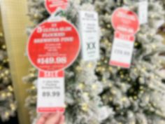 someone holding up some red and white signs in front of a christmas tree that is decorated with lights