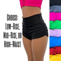 Sexier and more flattering! Our classic booty shorts made in high quality Sportek moisture-wicking athletic spandex with ruching on each side. Made to flatter your figure and move with you. The standard inseam is 2.5" - but can be customized. Available in black, gray, fuchsia, green, lilac, turquoise, red, and yellow. Please specify low-rise, mid-rise or high-waist in the personalization box. Rave Shorts, Pole Dance Wear, Pole Shorts, Swim Shorts Women, Pole Wear, Black High Waisted Shorts, Swimsuit Material, Dance Shorts, Pink Metallic