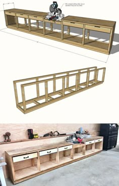 the plans for an entertainment center are shown in two different views, one is being built and