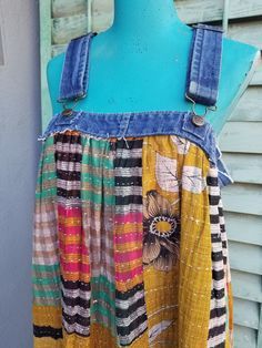 Vintage Overalls dress, upcycled kantha dress, Handmade overalls dress, hippiewild, reworked denim dress, maxi kantha dress, striped dress Upcycled Fashion Refashioning, Handmade Overalls, Remake Clothes, Denim Refashion, Overalls Dress, Upcycle Clothing, Thats Me, Reworked Denim, Creative Clothing