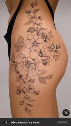 Side Thigh Floral Tattoo, Cherry Blossom Tattoo Thigh, Side Thigh Tattoo, Floral Hip Tattoo, Thigh Piece Tattoos, Side Hip Tattoos