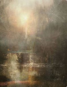 an abstract painting with light coming from the sky and dark water in front of it