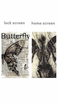 two different pictures with the words, butterfly and skeleton on them in black and white