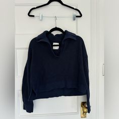 Never Worn But Took Tags Off, Navy Color Navy Knit Tops For Winter, Cozy Collared Top For Workwear, Winter Loungewear Collared Tops, Blue Collared Tops With Ribbed Cuffs, Blue Collared Top With Ribbed Cuffs, Blue Sweater With Ribbed Neckline For Loungewear, Navy Collared Sweater For Winter, Navy Long Sleeve Sweater For Loungewear, Navy Long Sleeve Loungewear Sweater