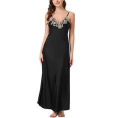 This style of satin pajamas dress features lace trim, adjustable strap and maxi length, lovely and soft for daily night wear. 
The super soft pajamas lace nightgown for women is soft, smooth, breathable and comfortable to wear at spring, summer or fall.
Womens chemise nightgown features deep v neck with floral lace, show body curve. With wavy hemline and low-cut neckline, make you more charming.
The lace silky nightdress also be a perfect gift for your mom, wife, daughter, girlfriend,or friends Sleeveless Satin Maxi Dress With Lace Trim, Elegant Slip Dress For Pajama Party, Sleeveless Satin Nightgown With Lace Trim, Elegant Maxi Length Sleepwear, Elegant Spaghetti Strap Dress For Pajama Party, Maxi Length Nightgown For Wedding Night, Elegant Spaghetti Strap Slip Dress For Pajama Party, Elegant Nightgown With Spaghetti Straps For Pajama Party, Elegant Lace Trim Nightgown For Pajama Party