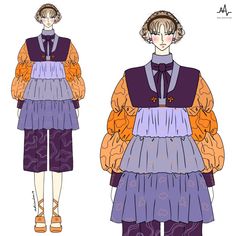 an illustration of a woman's dress with long sleeves and tiered skirt, in different colors