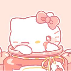 an image of a hello kitty cartoon character holding a jar of jelly in her hand