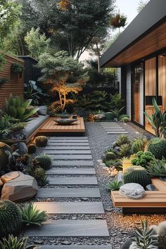 a very nice looking garden with lots of plants and rocks on the ground in front of it