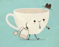 a coffee cup with a hat on its head and a bag in it's hand