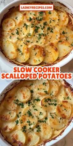 two images show how to make slow cooker scalloped potatoes