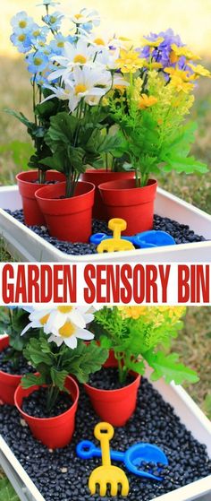 an outdoor garden with plastic toys and flowers in the background that says, garden sensory bins