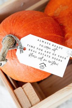 two orange pumpkins in a wooden box with a white tag on one of them