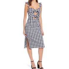 Nwt Wayf Verona Cut Out Gingham Midi Dress. Black/White. Size S New With Tags Condition. No Visible Flaws. Women's Size: Small Chest: 16". Waist: 14". Hip: 18.5". Length: 45" * Measurements Are Approximate. - Hour-Glass Silhouette, Fitted Through The Chest, Waist And Hips, Hits Below Knee Length - Sweet-Heart Neckline - Front Cut-Outs, Tie Details - Flutter Straps - Side Zipper Closure - Two Side Slits - Lined - 97% Cotton, 3% Spandex - Dry Clean Only * Sorry, No Trades. Offers Welcome. Gingham Midi Dress, Corset Midi Dress, Tie Maxi Dress, Midi Slip Dress, Rolled Hem, Basket Weave, Midi Length Dress, Engagement Shoot, Kitten Heel