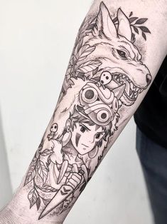 a man with a tattoo on his arm has a wolf and other animals in the background