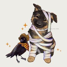 a drawing of a dog wrapped in bandages next to a crow