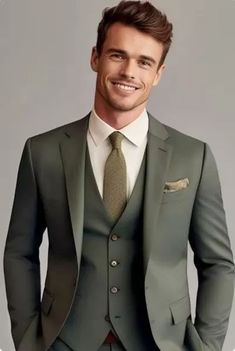 Olive Green Men's Stylish Three Piece Suit | eBay Wedding Suits Groom Emerald Green, Olive Tuxedo For Men, Olive Green Suit Outfit Men, Green Men’s Wedding Suit, Olive Green Mens Suit Wedding, Light Gray Groom Suit, Groom Suits Green, Unique Groom Attire Vintage, Olive Groom Suit