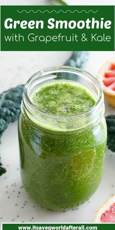 green smoothie with grapefruit and kale in a mason jar on a table