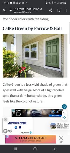 the front page of a website with an image of a green door and white house