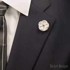 "Mini Creme Kanzashi Flower Lapel Pin with 4mm Swarovski Silver Night Crystal SIZE: 1\" Comes in a Luxury Black box with Non-Tarnish Cotton. Become a Fan on Facebook:  https://www.facebook.com/BoArtDesign Become a Fan on Pinterest: https://www.pinterest.com/BoArtDesign NOTE Please note, that items may not be as large as they appear! Because every item is handmade, flower shape may slightly vary! While every effort is made to accurately represent the true colors of the ribbon/fabric used in my wo Luxury White Pins As Gift, Elegant White Wedding Brooches, White Flower Decorated Brooches For Formal Occasions, White Brooches With Flower Decoration For Formal Occasions, White Flower Decoration Brooches For Formal Occasion, Formal White Brooches With Flower Decoration, Elegant Handmade Flower Lapel Pin For Weddings, Elegant Flower Lapel Pin For Anniversary, Elegant Handmade Flowers Lapel Pin For Weddings