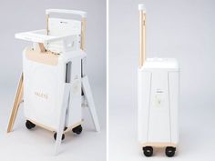 two pictures of the back and side of a white suitcase with wooden handles on wheels